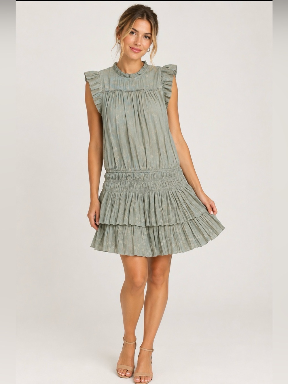 Current Air LA Dress Drop Waist Pleated Ruched Green Mini Dress L EUC Fairy